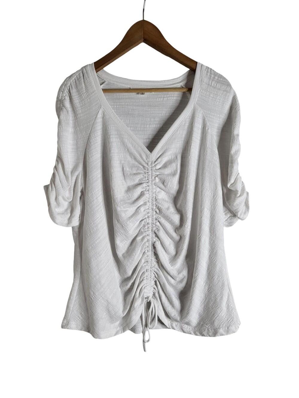 Jane + Delancey White Ruched Top Textured Lightweight Short Puff Sleeves Size XL